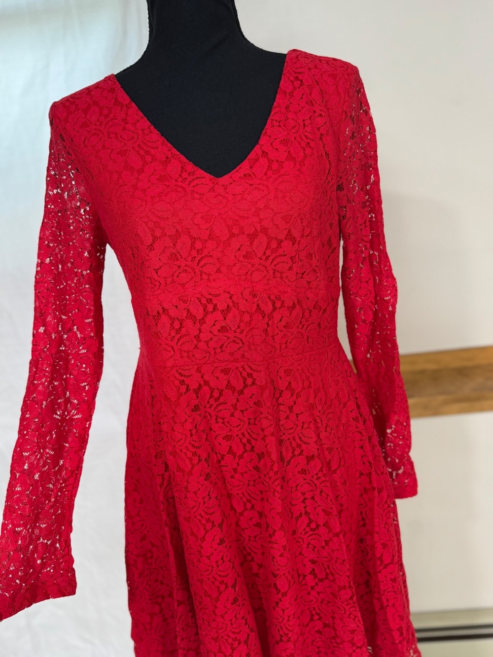 CHANEL Red Lace V-Neck Fit-and-Flare Dress